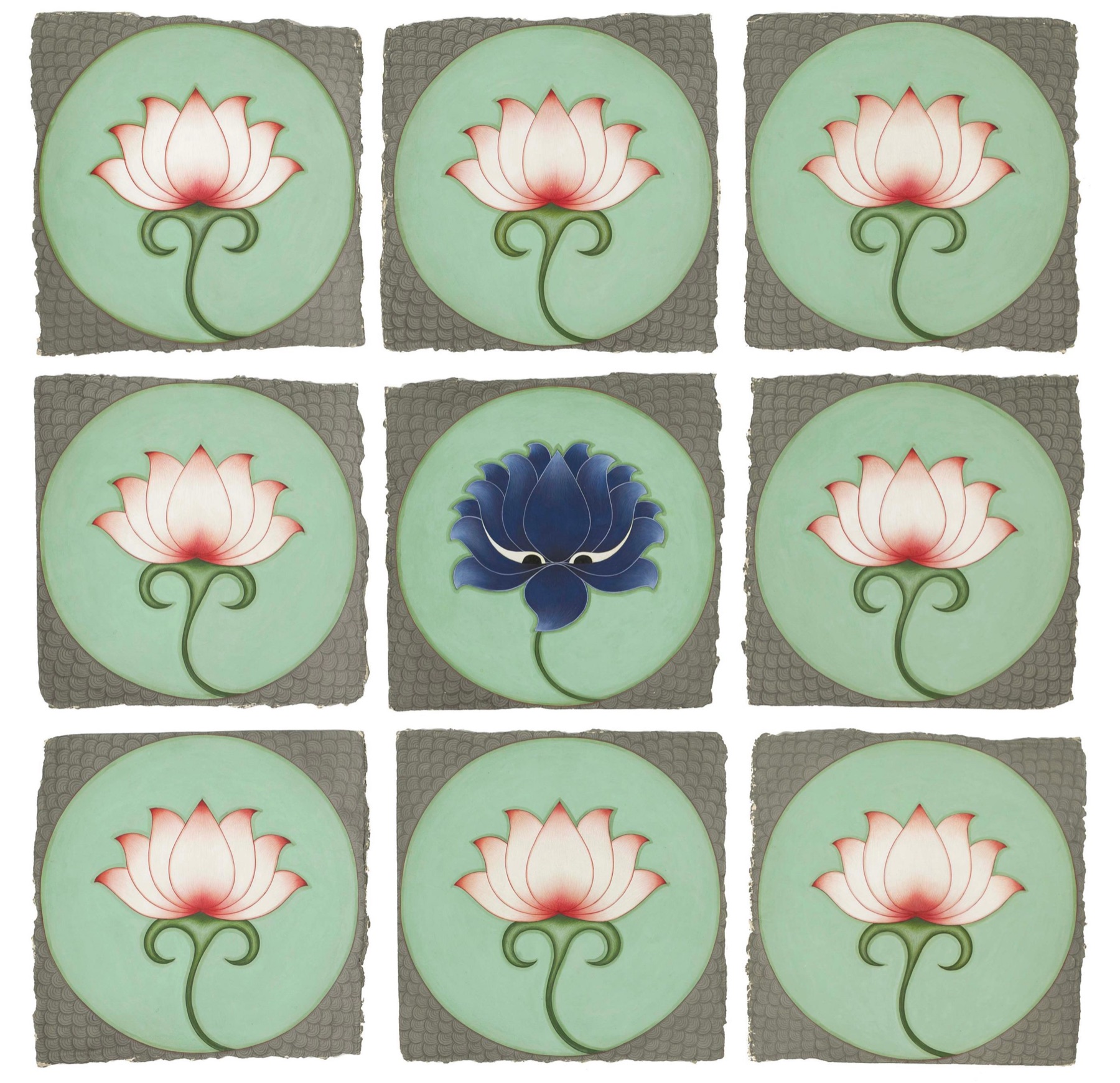 Nine lotus tiles, a blue lotus at the centre
